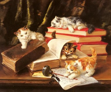 Cat Painting - Kittens Playing on a Desk Alfred Brunel de Neuville